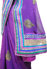 SMSAREE Purple Designer Wedding Partywear Georgette (Viscos) Sequence Zari Beads Thread Bullion & Stone Hand Embroidery Work Bridal Saree Sari With Blouse Piece E874