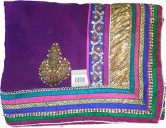 SMSAREE Purple Designer Wedding Partywear Georgette (Viscos) Sequence Zari Beads Thread Bullion & Stone Hand Embroidery Work Bridal Saree Sari With Blouse Piece E874