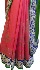 SMSAREE Green Pink Designer Wedding Partywear Georgette (Viscos) Cutdana Pearl Beads Thread Bullion & Stone Hand Embroidery Work Bridal Saree Sari With Blouse Piece E875