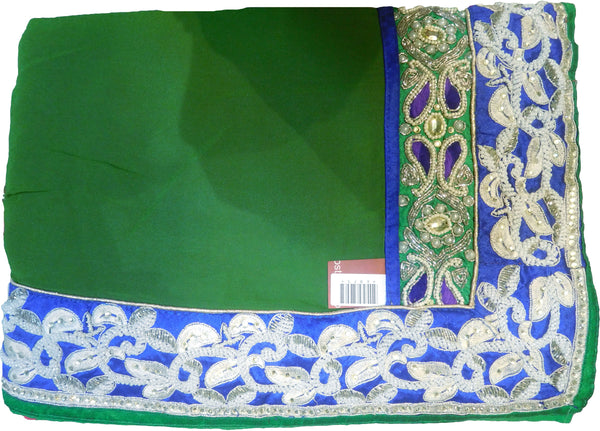 SMSAREE Green Pink Designer Wedding Partywear Georgette (Viscos) Cutdana Pearl Beads Thread Bullion & Stone Hand Embroidery Work Bridal Saree Sari With Blouse Piece E875