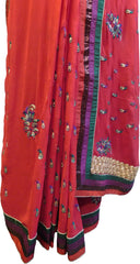 SMSAREE Red Designer Wedding Partywear Georgette (Viscos) Zari & Thread Hand Embroidery Work Bridal Saree Sari With Blouse Piece E877