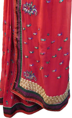 SMSAREE Red Designer Wedding Partywear Georgette (Viscos) Zari & Thread Hand Embroidery Work Bridal Saree Sari With Blouse Piece E877