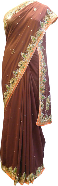 SMSAREE Coffee Brown & Orange Designer Wedding Partywear Georgette Cutdana Zari Beads Thread & Mirror Hand Embroidery Work Bridal Saree Sari With Blouse Piece E878