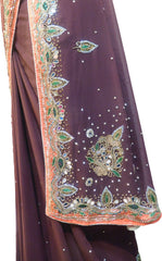 SMSAREE Coffee Brown & Orange Designer Wedding Partywear Georgette Cutdana Zari Beads Thread & Mirror Hand Embroidery Work Bridal Saree Sari With Blouse Piece E878