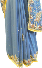 SMSAREE Grey & Yellow Designer Wedding Partywear Georgette Cutdana Zari Beads Thread & Mirror Hand Embroidery Work Bridal Saree Sari With Blouse Piece E879
