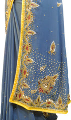 SMSAREE Grey & Yellow Designer Wedding Partywear Georgette Cutdana Zari Beads Thread & Mirror Hand Embroidery Work Bridal Saree Sari With Blouse Piece E879