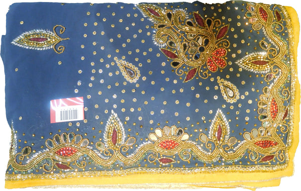 SMSAREE Grey & Yellow Designer Wedding Partywear Georgette Cutdana Zari Beads Thread & Mirror Hand Embroidery Work Bridal Saree Sari With Blouse Piece E879
