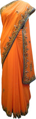 SMSAREE Orange & Grey Designer Wedding Partywear Georgette Cutdana Zari Beads Thread & Mirror Hand Embroidery Work Bridal Saree Sari With Blouse Piece E880