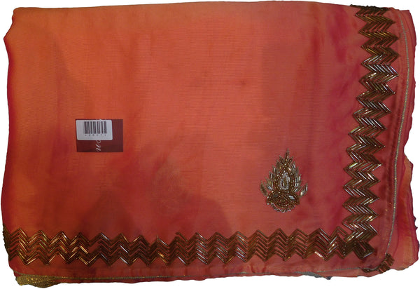 SMSAREE Peach Designer Wedding Partywear Georgette Cutdana Zari Beads Thread & Bullion Hand Embroidery Work Bridal Saree Sari With Blouse Piece E881
