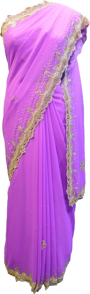 SMSAREE Purple Designer Wedding Partywear Georgette Cutdana Stone Beads Thread & Bullion Hand Embroidery Work Bridal Saree Sari With Blouse Piece E882