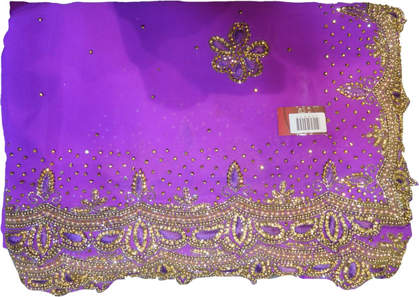 SMSAREE Purple Designer Wedding Partywear Georgette Cutdana Stone Beads Thread & Bullion Hand Embroidery Work Bridal Saree Sari With Blouse Piece E882