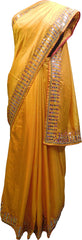 SMSAREE Yellow Designer Wedding Partywear Silk Thread Stone Beads & Mirror Hand Embroidery Work Bridal Saree Sari With Blouse Piece E883