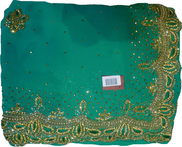 SMSAREE Turquoise Designer Wedding Partywear Georgette Cutdana Stone Beads Thread & Bullion Hand Embroidery Work Bridal Saree Sari With Blouse Piece E884