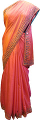 SMSAREE Peach Designer Wedding Partywear Silk Thread Stone Beads & Mirror Hand Embroidery Work Bridal Saree Sari With Blouse Piece E886