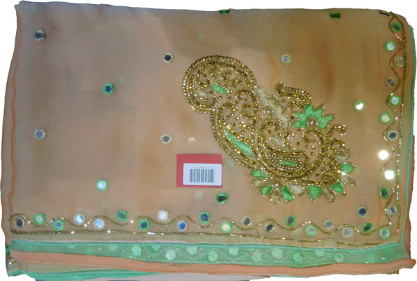 SMSAREE Peach Designer Wedding Partywear Georgette Thread Stone Beads Cutdana & Mirror Hand Embroidery Work Bridal Saree Sari With Blouse Piece E888
