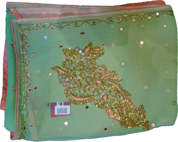 SMSAREE Green Designer Wedding Partywear Georgette Thread Stone Beads Cutdana & Mirror Hand Embroidery Work Bridal Saree Sari With Blouse Piece E889