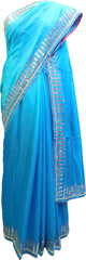 SMSAREE Blue Designer Wedding Partywear Silk Thread Stone Beads & Mirror Hand Embroidery Work Bridal Saree Sari With Blouse Piece E891
