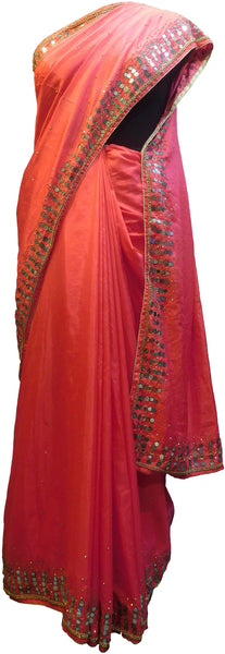 SMSAREE Pink Designer Wedding Partywear Silk Thread Stone Beads & Mirror Hand Embroidery Work Bridal Saree Sari With Blouse Piece E892