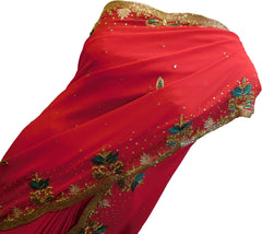 SMSAREE Red Designer Wedding Partywear Georgette Thread Cutdana Zari & Stone Hand Embroidery Work Bridal Saree Sari With Blouse Piece E894