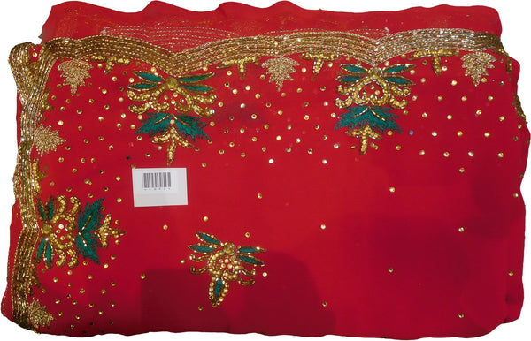 SMSAREE Red Designer Wedding Partywear Georgette Thread Cutdana Zari & Stone Hand Embroidery Work Bridal Saree Sari With Blouse Piece E894
