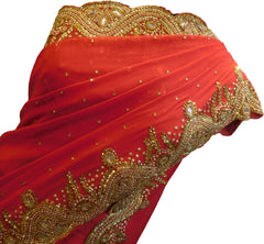 SMSAREE Red Designer Wedding Partywear Georgette Pearl Beads Cutdana Zari & Stone Hand Embroidery Work Bridal Saree Sari With Blouse Piece E895