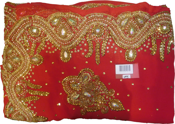 SMSAREE Red Designer Wedding Partywear Georgette Pearl Beads Cutdana Zari & Stone Hand Embroidery Work Bridal Saree Sari With Blouse Piece E895