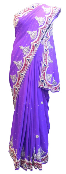 SMSAREE Purple Designer Wedding Partywear Georgette Pearl Bullion & Stone Hand Embroidery Work Bridal Saree Sari With Blouse Piece E906