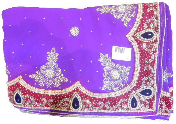 SMSAREE Purple Designer Wedding Partywear Georgette Pearl Bullion & Stone Hand Embroidery Work Bridal Saree Sari With Blouse Piece E906