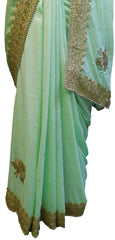 SMSAREE Pista Green Designer Wedding Partywear Crepe (Rangoli) Thread& Stone Hand Embroidery Work Bridal Saree Sari With Blouse Piece E911