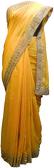 SMSAREE Yellow Designer Wedding Partywear Crepe (Rangoli) Thread& Stone Hand Embroidery Work Bridal Saree Sari With Blouse Piece E912