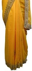 SMSAREE Yellow Designer Wedding Partywear Crepe (Rangoli) Thread& Stone Hand Embroidery Work Bridal Saree Sari With Blouse Piece E912