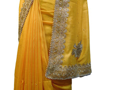 SMSAREE Yellow Designer Wedding Partywear Crepe (Rangoli) Thread& Stone Hand Embroidery Work Bridal Saree Sari With Blouse Piece E912