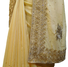 SMSAREE yellow Designer Wedding Partywear Crepe (Rangoli) Thread& Stone Hand Embroidery Work Bridal Saree Sari With Blouse Piece E913