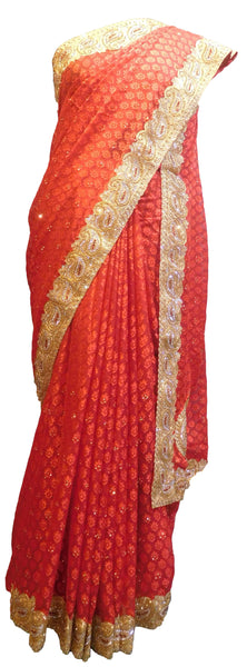 SMSAREE Red Designer Wedding Partywear Brasso Zari & Stone Hand Embroidery Work Bridal Saree Sari With Blouse Piece E914