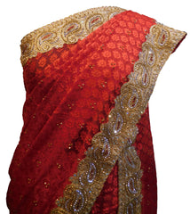 SMSAREE Red Designer Wedding Partywear Brasso Zari & Stone Hand Embroidery Work Bridal Saree Sari With Blouse Piece E914