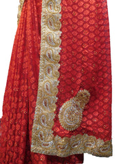 SMSAREE Red Designer Wedding Partywear Brasso Zari & Stone Hand Embroidery Work Bridal Saree Sari With Blouse Piece E914