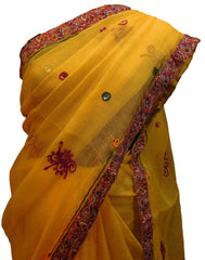 SMSAREE Yellow Designer Wedding Partywear Supernet (Cotton) Thread Hand Embroidery Work Bridal Saree Sari With Blouse Piece E915