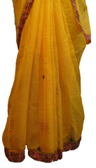 SMSAREE Yellow Designer Wedding Partywear Supernet (Cotton) Thread Hand Embroidery Work Bridal Saree Sari With Blouse Piece E915