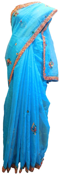 SMSAREE Blue Designer Wedding Partywear Supernet (Cotton) Thread Hand Embroidery Work Bridal Saree Sari With Blouse Piece E918