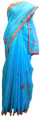 SMSAREE Blue Designer Wedding Partywear Supernet (Cotton) Thread Hand Embroidery Work Bridal Saree Sari With Blouse Piece E918