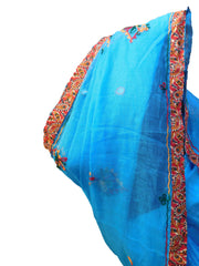 SMSAREE Blue Designer Wedding Partywear Supernet (Cotton) Thread Hand Embroidery Work Bridal Saree Sari With Blouse Piece E918