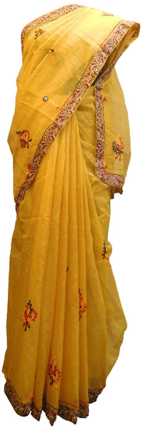 SMSAREE Yellow Designer Wedding Partywear Supernet (Cotton) Thread Hand Embroidery Work Bridal Saree Sari With Blouse Piece E919