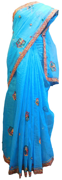 SMSAREE Blue Designer Wedding Partywear Supernet (Cotton) Thread Hand Embroidery Work Bridal Saree Sari With Blouse Piece E920