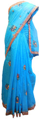 SMSAREE Blue Designer Wedding Partywear Supernet (Cotton) Thread Hand Embroidery Work Bridal Saree Sari With Blouse Piece E920