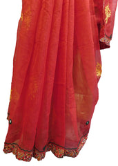 SMSAREE Red Designer Wedding Partywear Supernet (Cotton) Thread Hand Embroidery Work Bridal Saree Sari With Blouse Piece E922