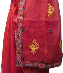 SMSAREE Red Designer Wedding Partywear Supernet (Cotton) Thread Hand Embroidery Work Bridal Saree Sari With Blouse Piece E922