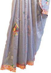 SMSAREE Grey Designer Wedding Partywear Supernet (Cotton) Thread Hand Embroidery Work Bridal Saree Sari With Blouse Piece E923