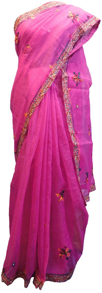 SMSAREE Pink Designer Wedding Partywear Supernet (Cotton) Thread Hand Embroidery Work Bridal Saree Sari With Blouse Piece E924