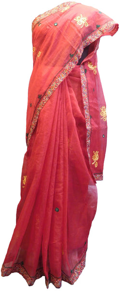 SMSAREE Red Designer Wedding Partywear Supernet (Cotton) Thread Hand Embroidery Work Bridal Saree Sari With Blouse Piece E926