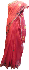 SMSAREE Red Designer Wedding Partywear Supernet (Cotton) Thread Hand Embroidery Work Bridal Saree Sari With Blouse Piece E926